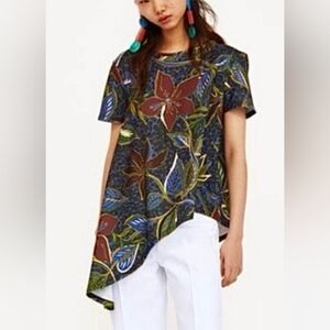 ZARA  Asymmetrical Leaf Print Pullover Blouse Size Small